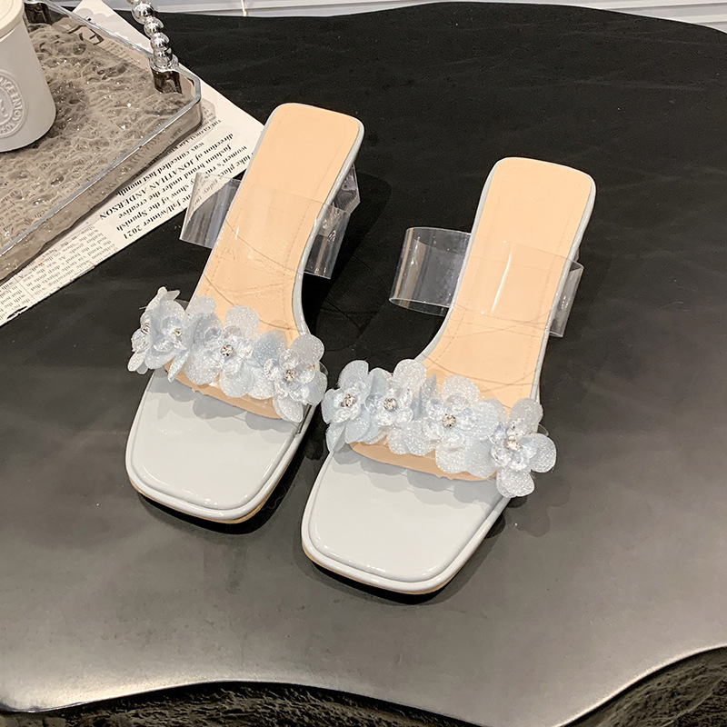 Ddmyoutdoor Summer New Ins Trendy Internet Celebrity Fashion One Strap Transparent Sandals Women High Heels Crystal Chunky Heel Slippers Outdoor Shoes