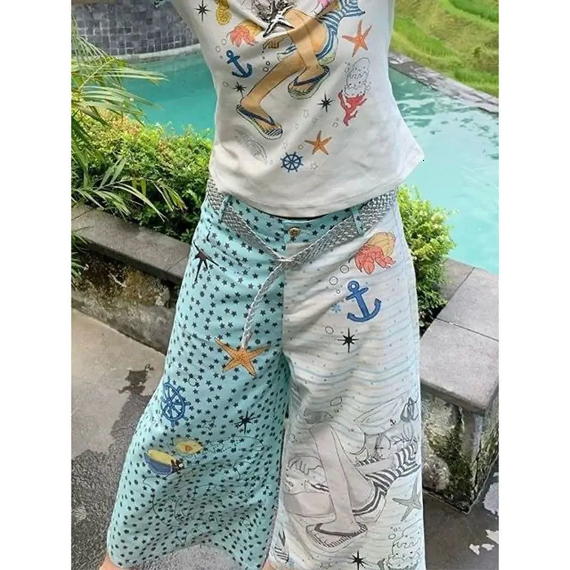 Womens Blue Baggy Parachute Harajuku Calf Length Wide Pants Oversize Sweatpants Y2k 2000s Vintage Trousers Clothes 613 H260209