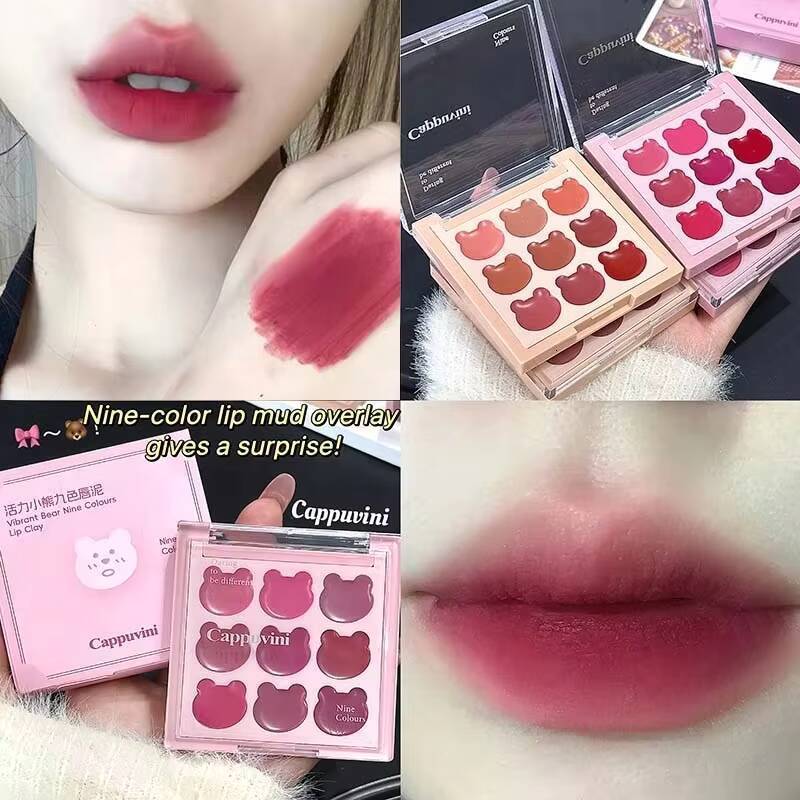 9Color Bear Lipstick Palette Mud Matte Sweet Warm Colors Cheeks Blush Non-stick Cup Lip Gloss Facial Beauty Cosmetic Makeup happy