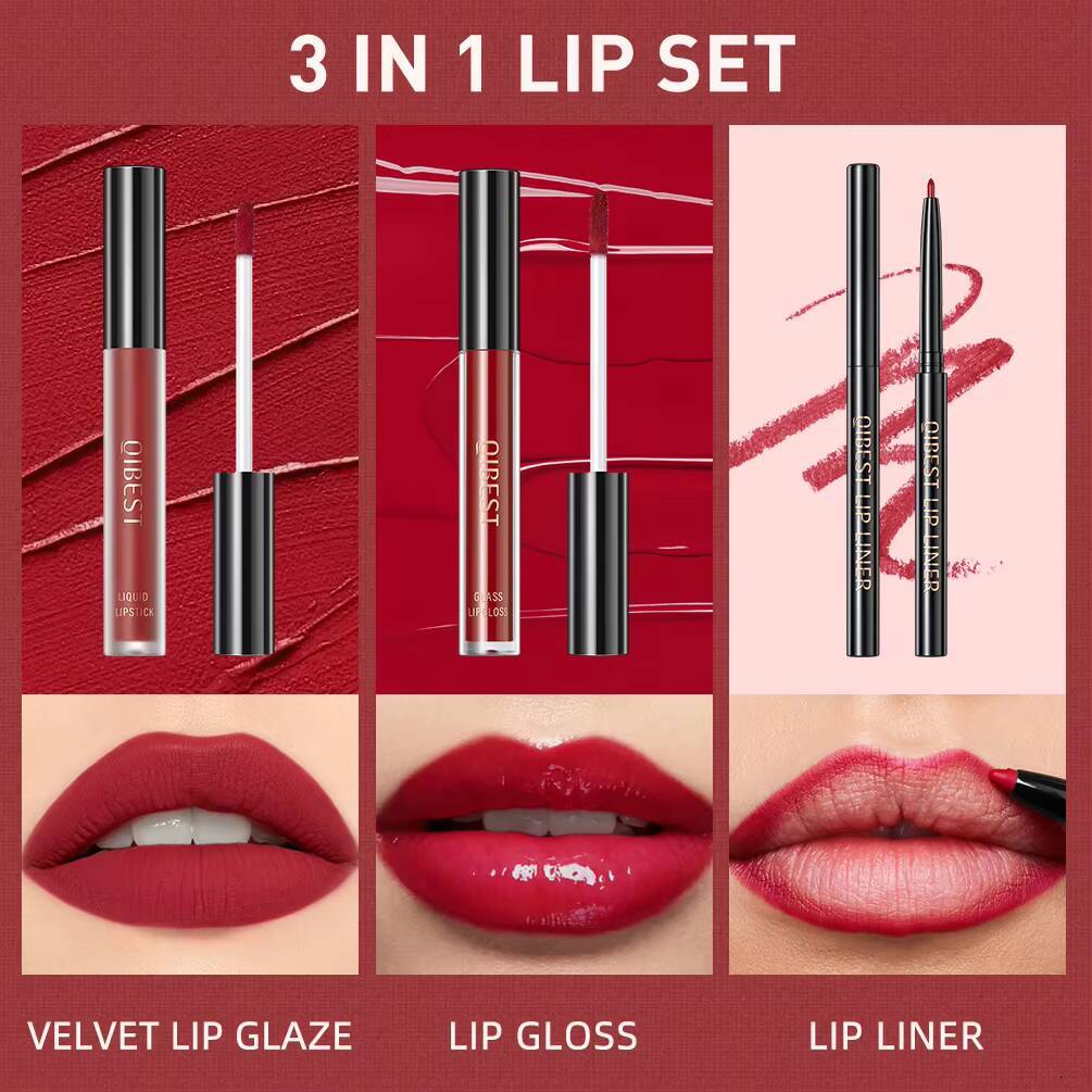 New 3pcs/set Liquid Lipstick+Lip Liner Long Lasting Cosmetic Black Brown Purple Red Matte Gloss Nude Lip Tint Stain Makeup happy