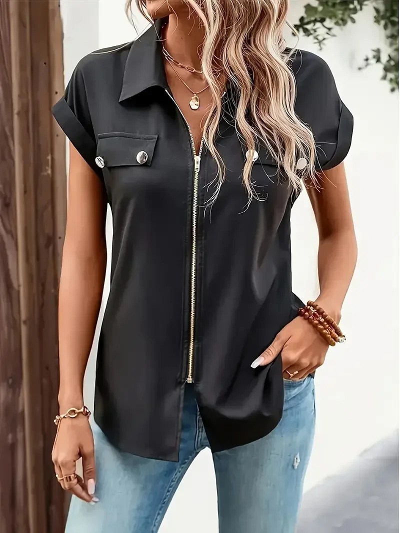 Womens Plus Size 1XL5XL Black ZipUp Blouse Button Lapel Shirt Ladies Casual Short Sleeve Elegant Solid Color Shirt 250614