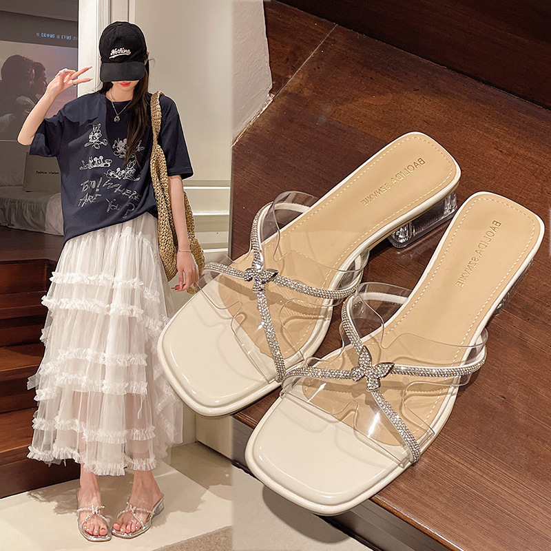 Ddmyoutdoor French Style Chunky Heel Elegant Slippers For Women Summer Outdoor New Fashion Fairy Rhinestone Transparent High Heels Outdoor Shoes