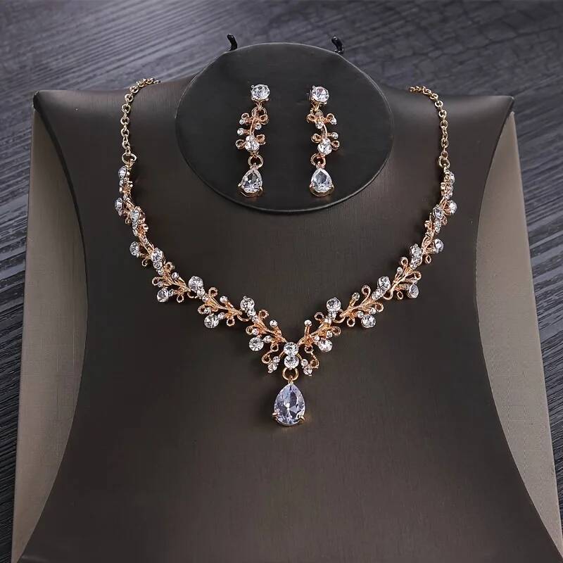 3 Pcs Sier Color Crystal Water Drop Jewelry Rhinestone Tiara Crown Necklace Earring Set Bridal Wedding Jewel