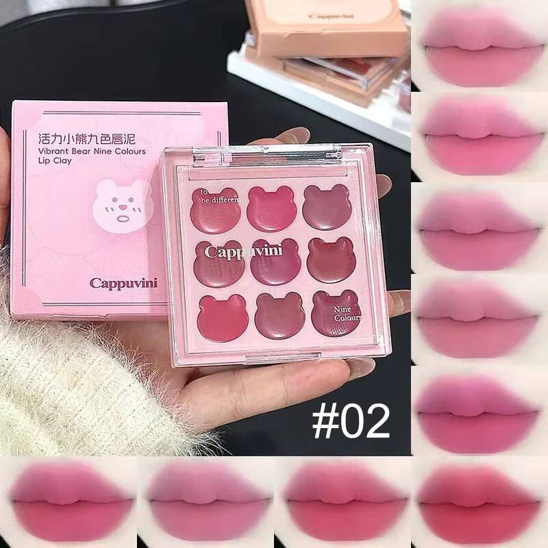 9Color Bear Lipstick Palette Mud Matte Sweet Warm Colors Cheeks Blush Non-stick Cup Lip Gloss Facial Beauty Cosmetic Makeup happy