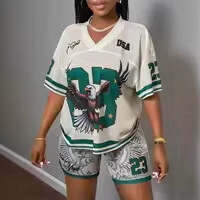 New Fashion Street Print Loose Casual V-Neck Short Sleeve Top And Shorts Sports Set B5