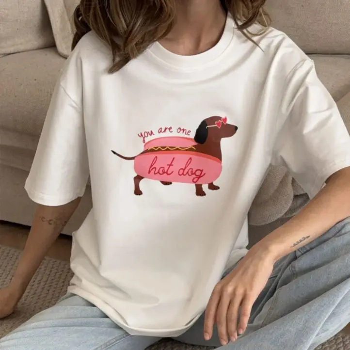 Y2K Cute Puppy Print T-Shirt - Women's Cartoon Graphic Tee, Summer Streetwear Couple Half Sleeve Casual Top