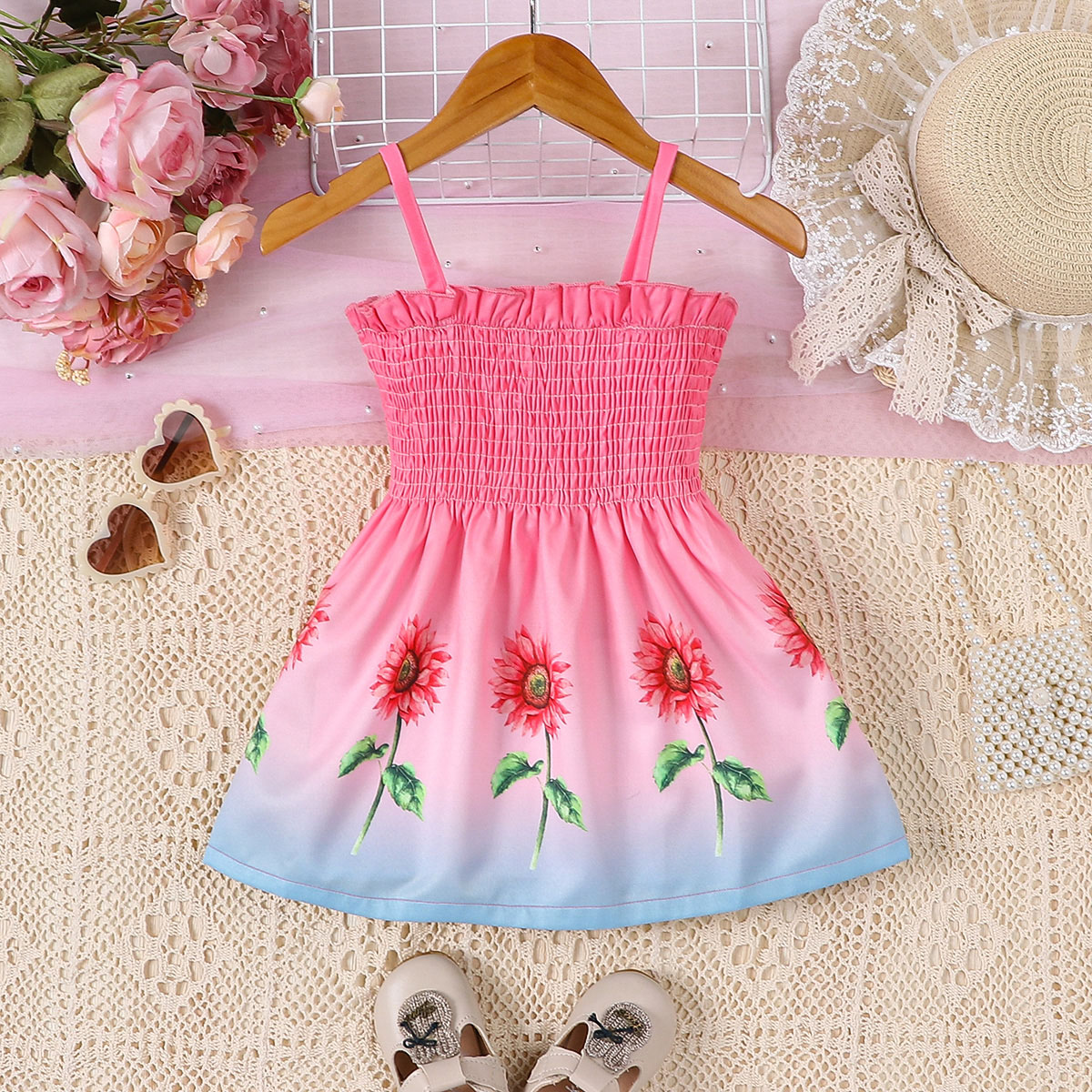 Baby girl, baby, fashionable and casual sunflower print suspender, drawstring dress, summer