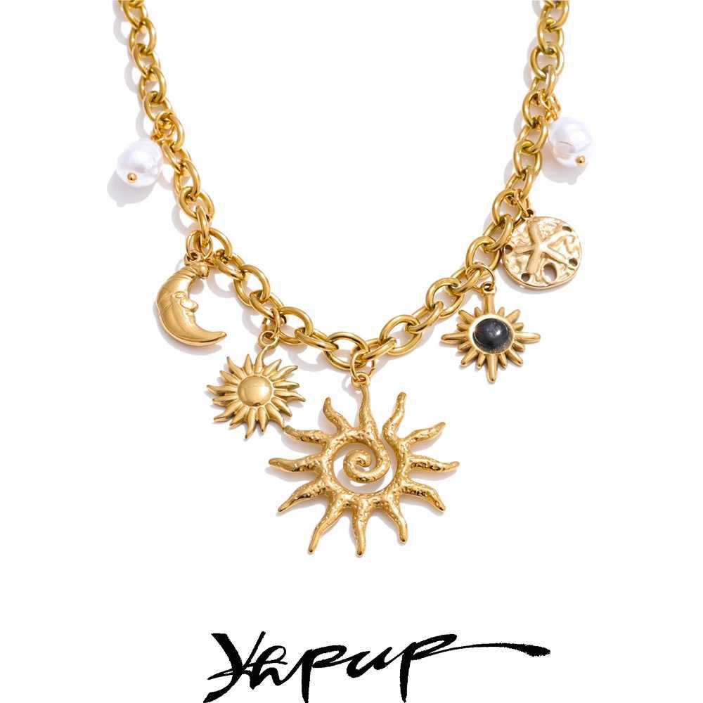Yhpup Trendy Starfish Moon Sun Shaped Pendant Charm Necklace Statement Stainless Steel Golden Chain Fashion Jewelry PVD Plated Z250614
