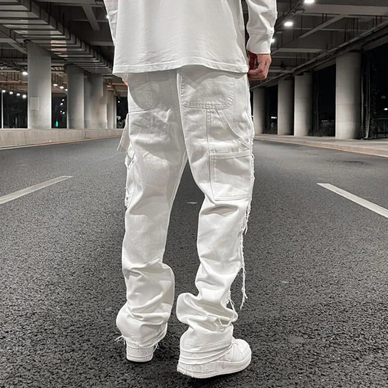 Hip Hop White Straight Ripped Casual Mens Jeans Pants Both Side Tassel Wide Leg Streetwear Denim Trousers Oversized 250529