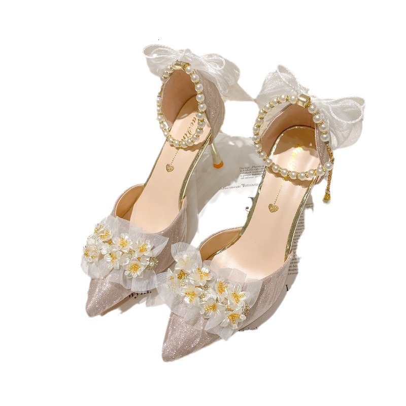 Ddmyoutdoor Pearl Bow High For Women Years Old Coming Of Age Ceremony Thin Heels End Comfortable Fairy Flower Wedding Shoes Outdoor Shoes