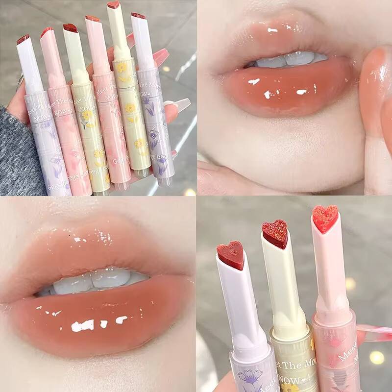 Mirror Lipstick Pen Heart Shape Plumper Guava Cherry Pink Gloss Crystal Glaze Tint Press Type Lip Balm Makeup happy