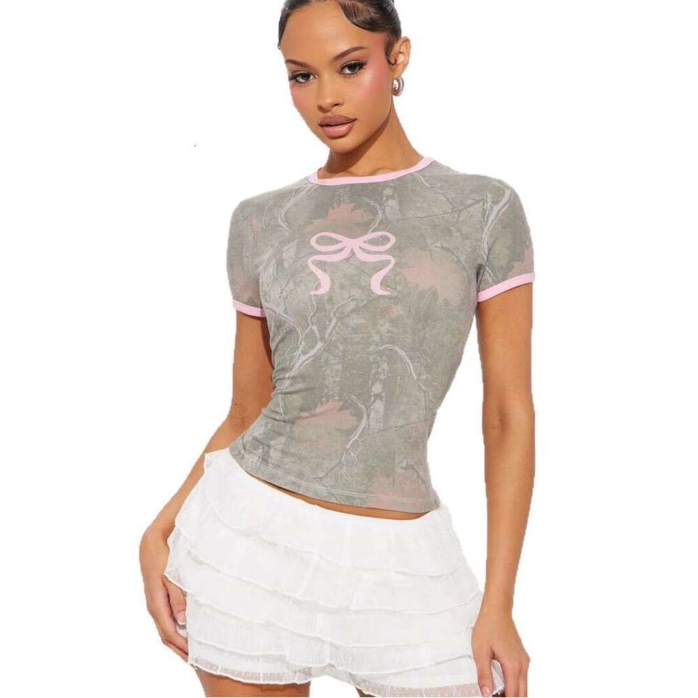 Summer New Women's Fashion Trend Color Block Bow Print Slim Fit Round Neck Short Sleeve Top B5