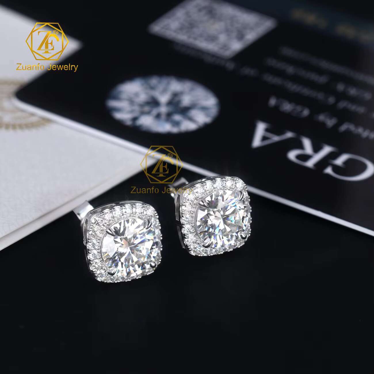 Cute Style Square Round Brilliant Cut Moissanite Diamond Cluster Ice Out 925 Sterling Silver Stud Earrings