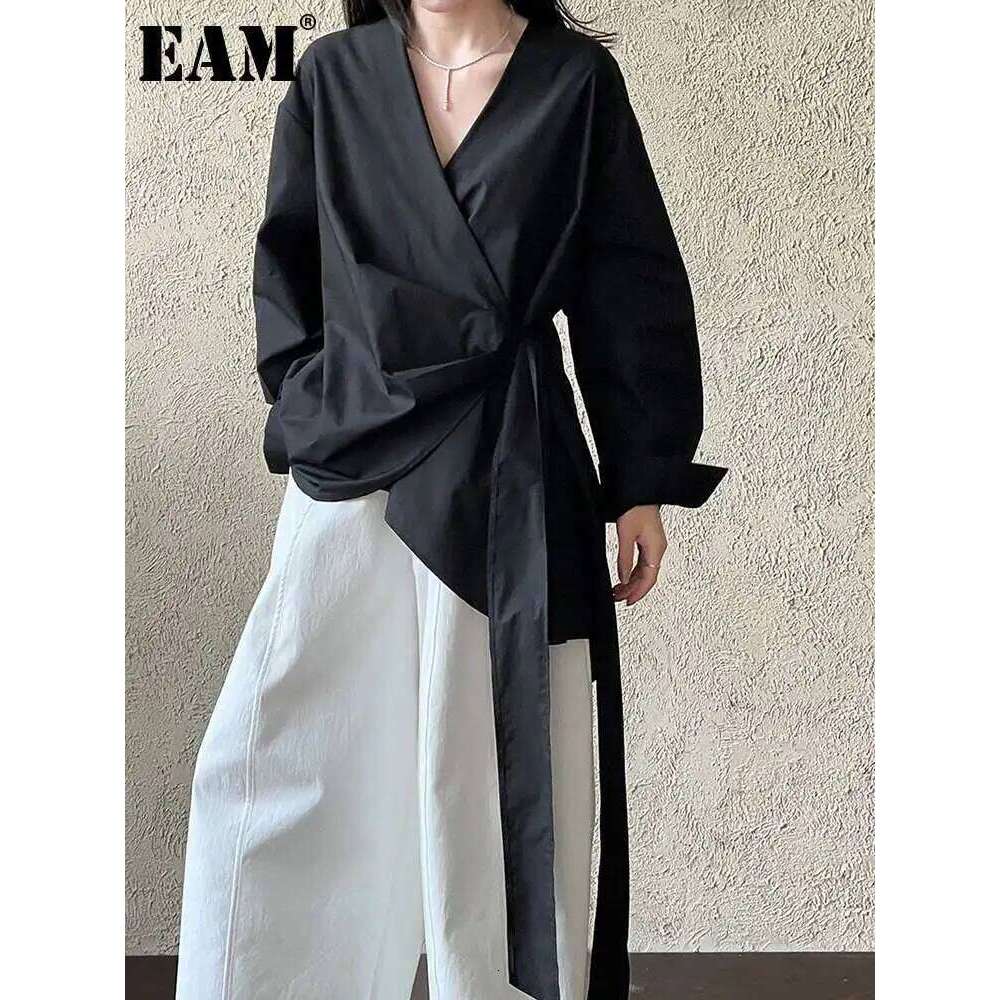 Women Black Bandage Elegant Irregular Big Size Blouse New V-neck Long Sleeve Shirt Fashion Tide Spring Autumn