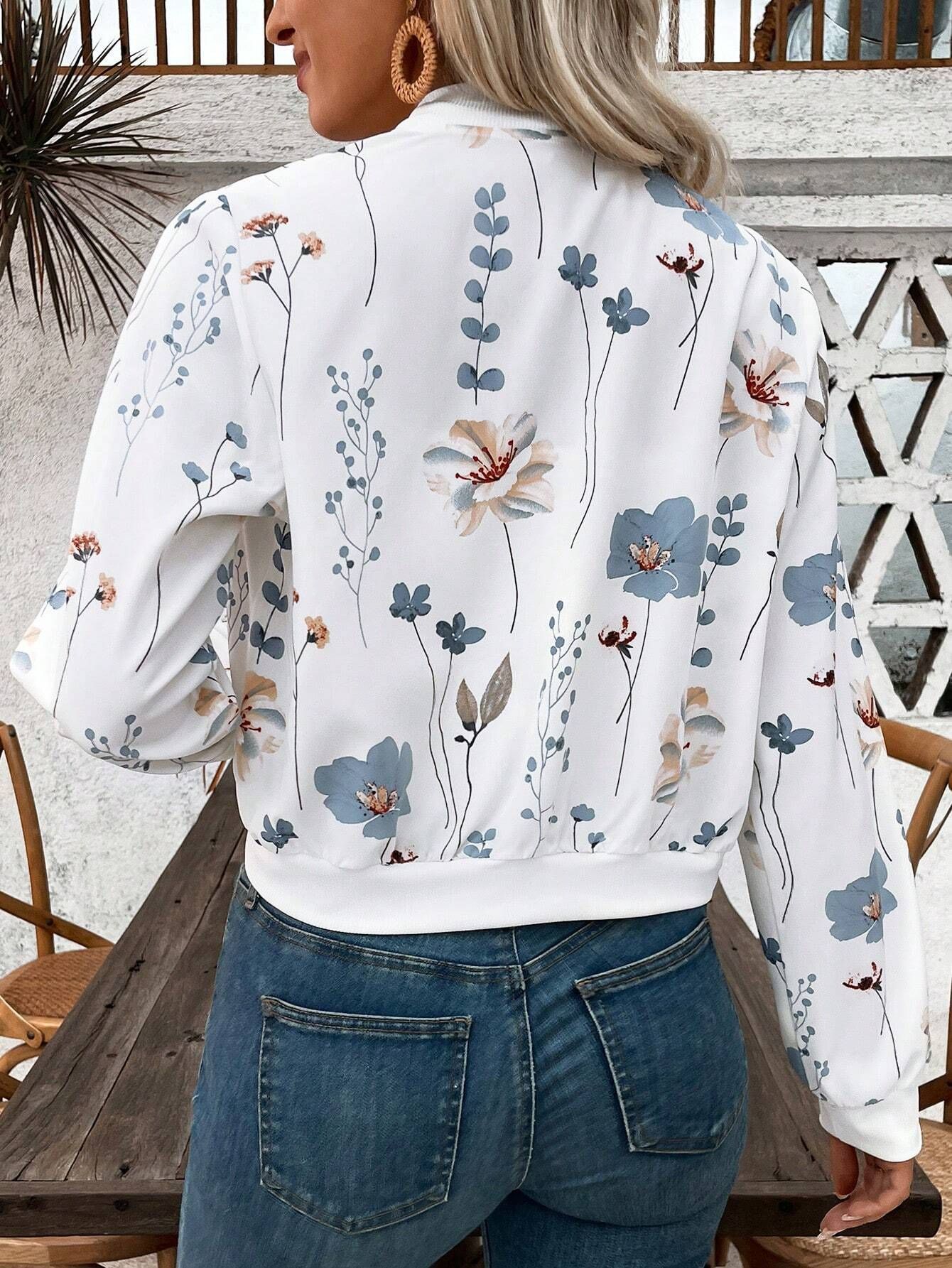 Summer women's fashionable white floral print zipper short-sleeved baseball jacket