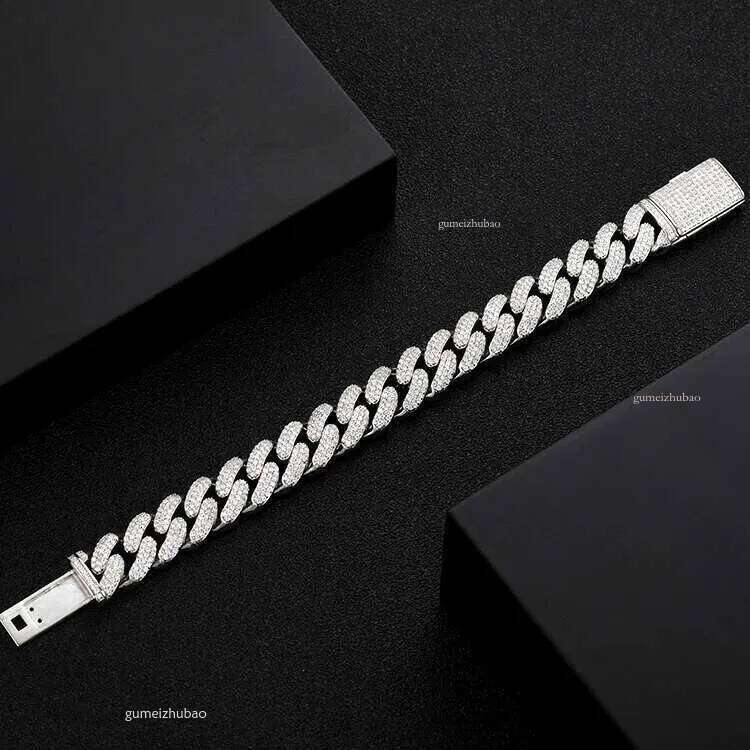 Prong Settling 12mm Miami Bracelet 3 Rows Black Gold Men Moissanite Cuban Link Chain in Sier