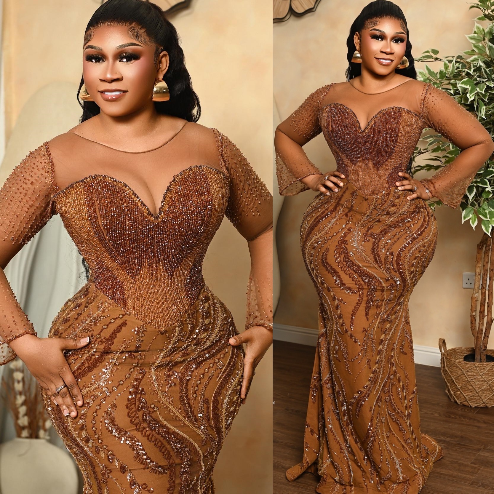 Mermaid Brown Prom Dresses 2025 Beaded Sequined Sheer Neck Illusion Evening Formal Party Second Birthday Engagement Gowns Plus Size Dress For Special 