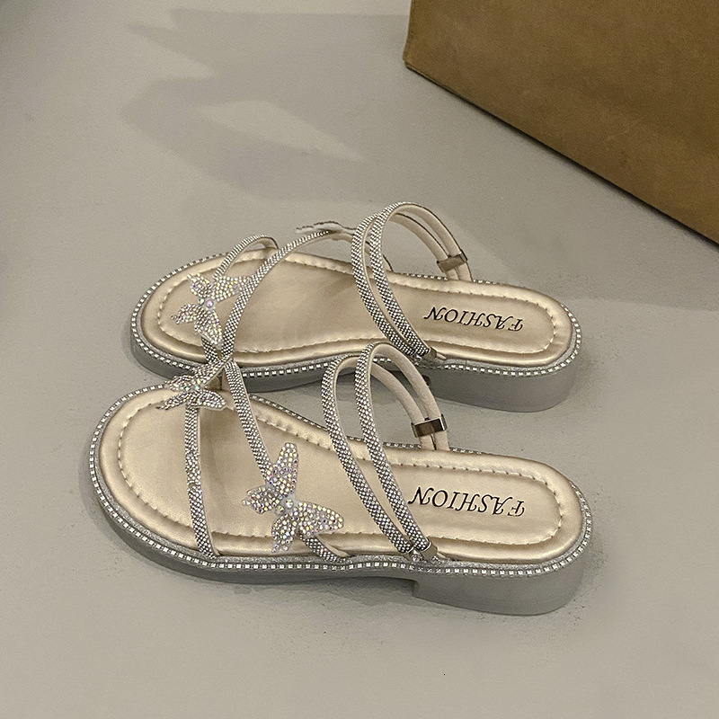 Ddmyoutdoor Stunning Women S Slippers Summer New Trendy Butterfly Rhinestone One Strap Fairy Style Beach Two Way Sandals Outdoor Shoes