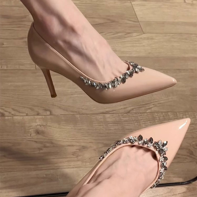 Ddmyoutdoor New Spring And Autumn Rhinestone Flower Nude High Heels Pointed Toe Sexy Stiletto French Style Stunning Single Shoes For Women Outdoor Sho