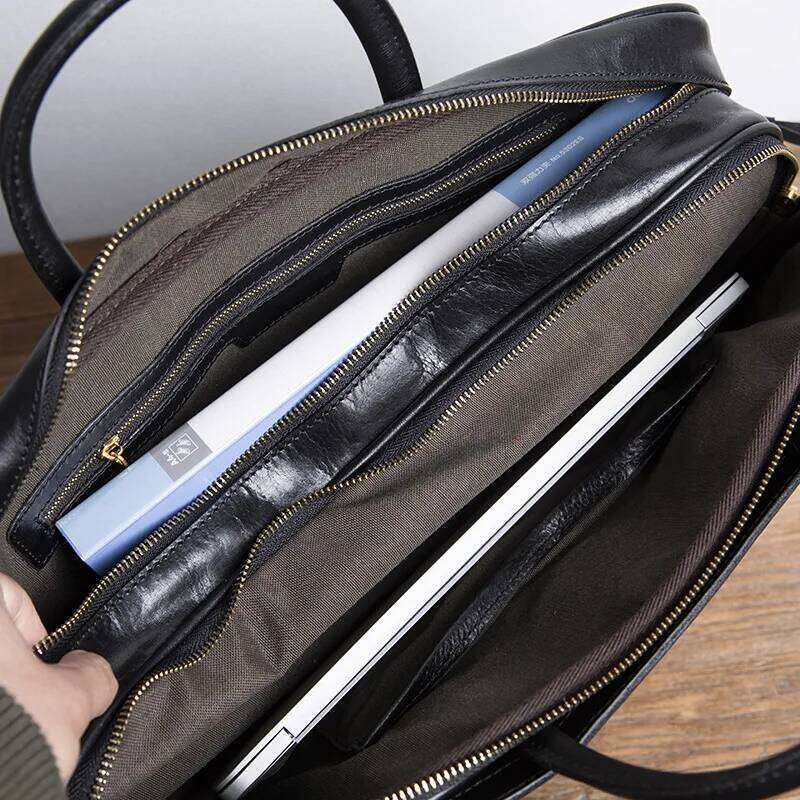 2024 Brand Collapsible Trolley Box Handbag Men's Leather Retro 15inchs Briefcase Head Cowhide Business Computer Bag