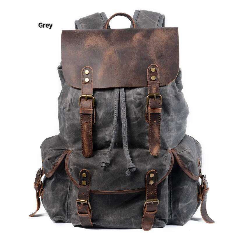 Vintage Crazy Horse Leather And Wax Canvas Backpack Waterproof Large Capacity Bag Outdoor Camping Travel Mochila