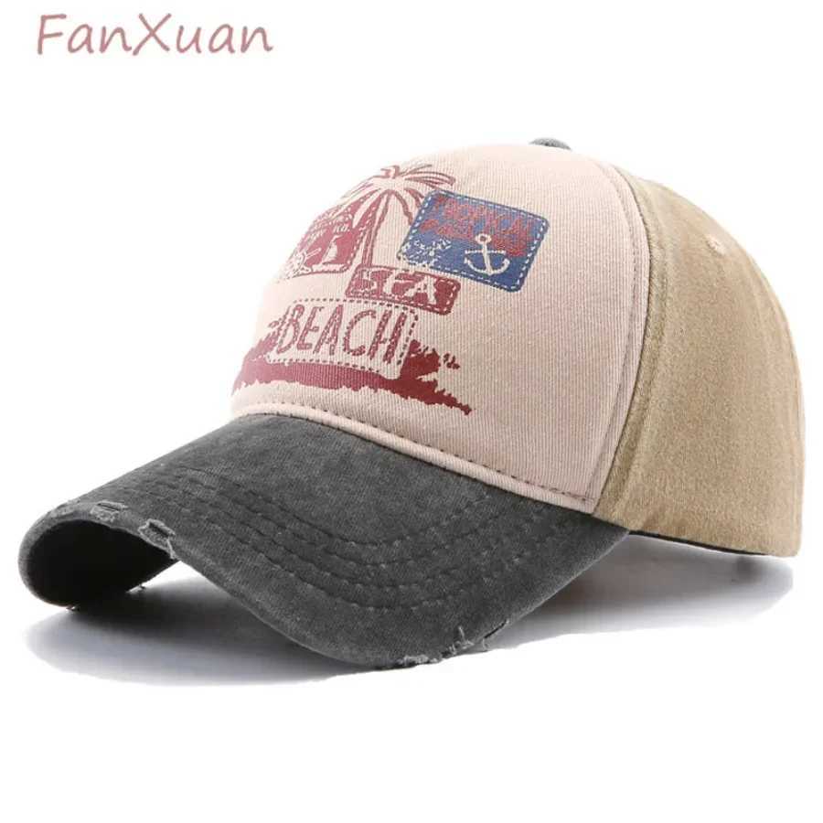 Mens Cap Summer Beach Sun Hat Women Adjustable Washed Cotton Retro Ripped Baseball Cap Fashion Printing Hip Hop Snapback Hats W250614