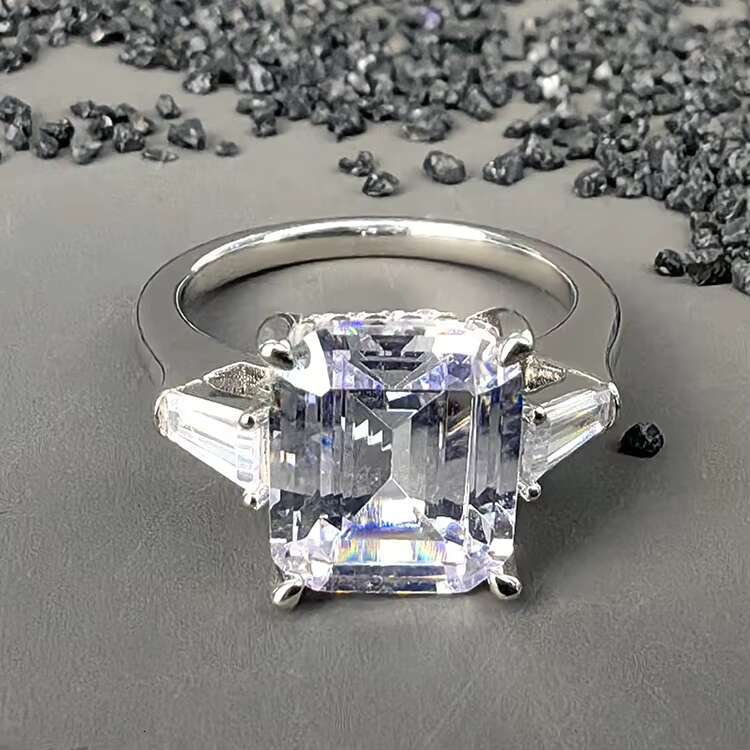 High Quality Wholesale Stunning Contemporary Rhodium Plated Pure 925 Silver Moissanite Three Stone Rings Fine Jewelry