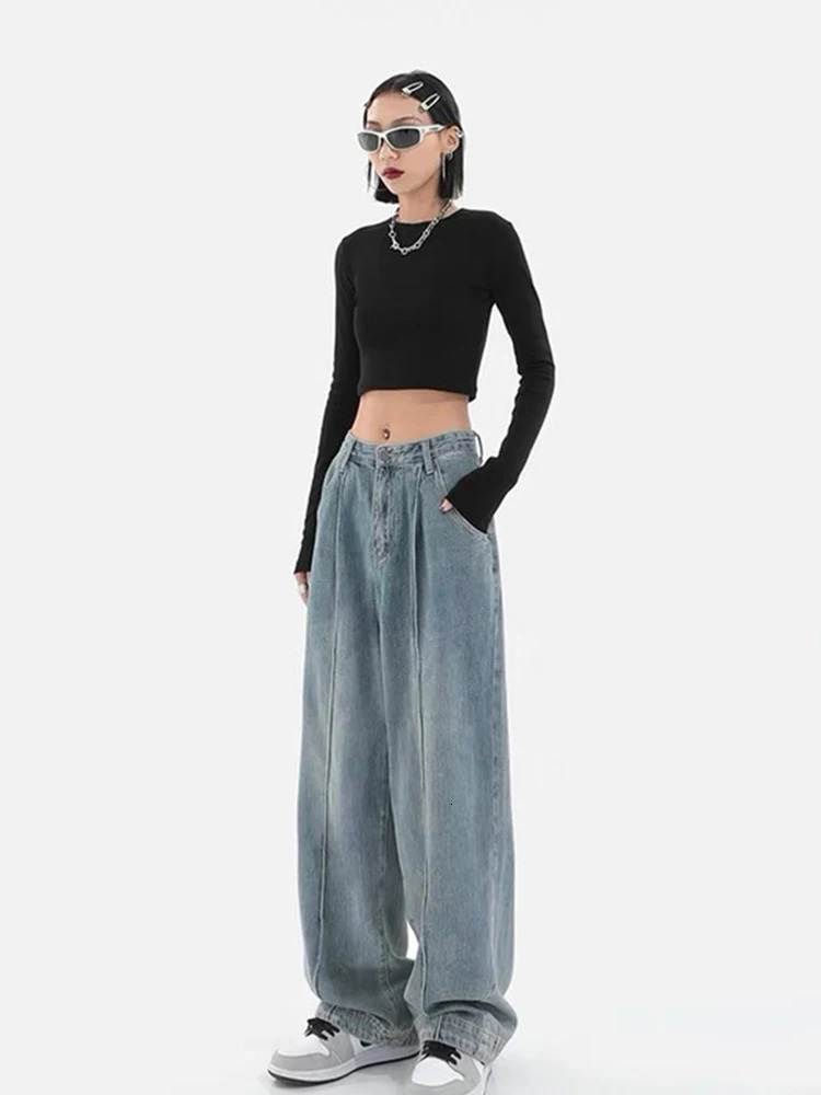 Y2k Light Blue Women Harajuku Jeans Wide Leg Loose Casual Vintage Denim Cargo Pants Baggy Streetwear Long Trousers 250612