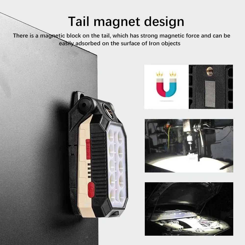 LED COB Work Light Portable Rechargeable Flashlight Magnetic Waterproof Camping Lantern Magnet Design with Power Display Molle W250613