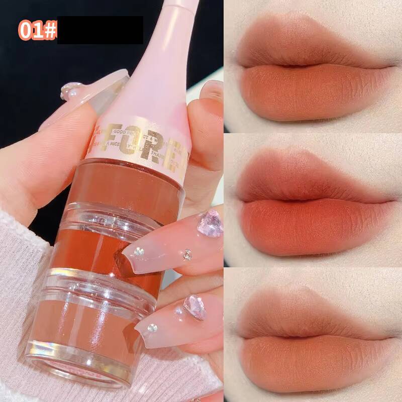 Layered 3 in 1 Mud Velvet Matte Lipstick Long Lasting Rose Red Canned Tint Combo Lip Gloss Kit Makeup Tri-colour LipClay happy