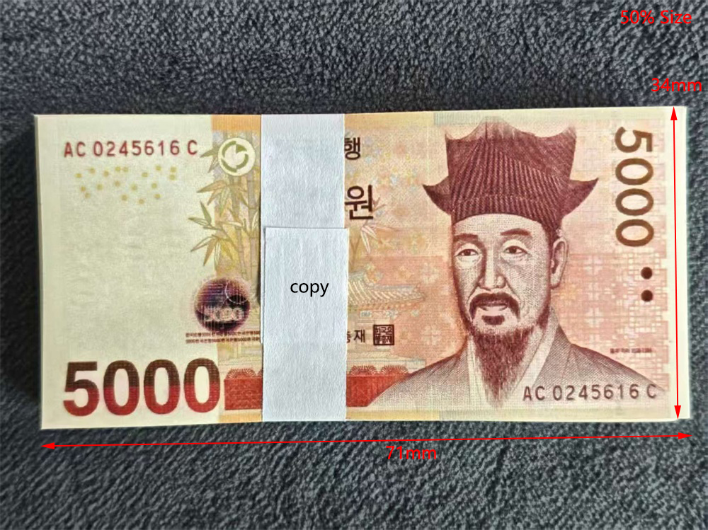 Realistic Fake Copy Money South Korea Movie Money 1000 5000 10000 50000 KRW Realistic Banknotes Money Toy Bar Props Currency Faux-billets 100 PCS/Pack 71*34mm 50% Size