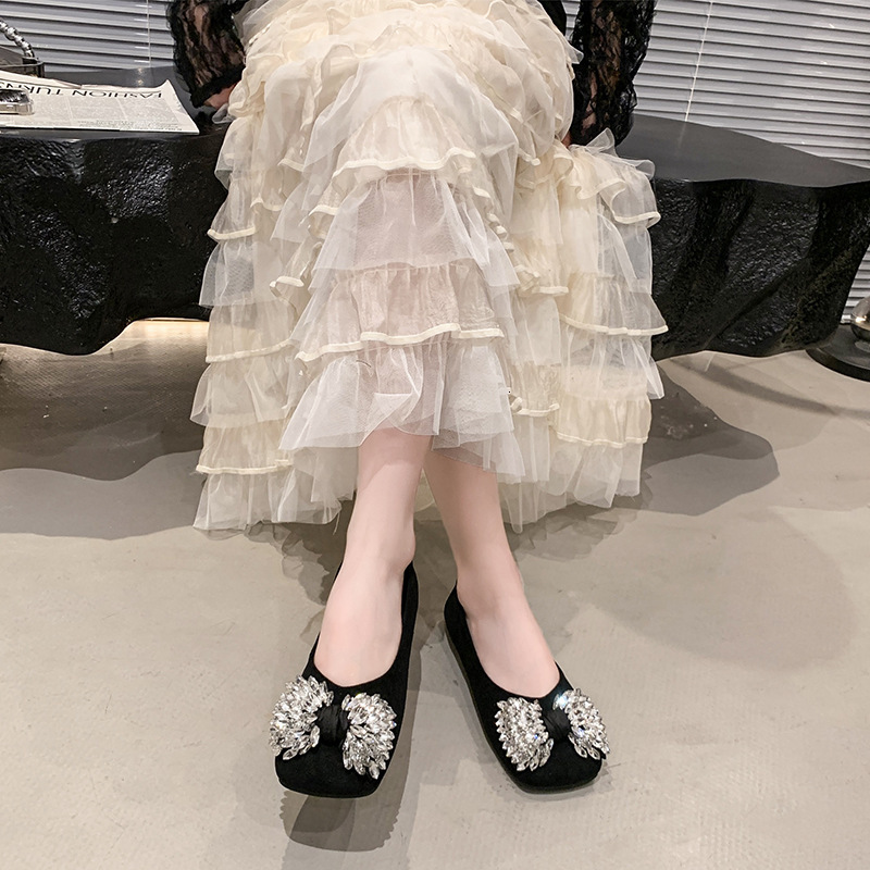Ddmyoutdoor Square Toe Flat For Women New Shallow Mouth Fairy Single Spring Summer Rhinestone Evening Gentle Shoes To Match Dresses Outdoor Shoes