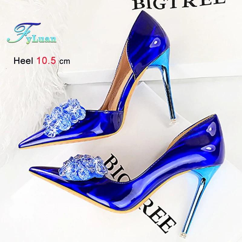 Blue Green Red Heels 10.5cm Womens Shoes Side Hollowed Out Heels Shallow Mouth Lady Pumps Rhinestone Bow Stiletto Banquet Shoes 250613