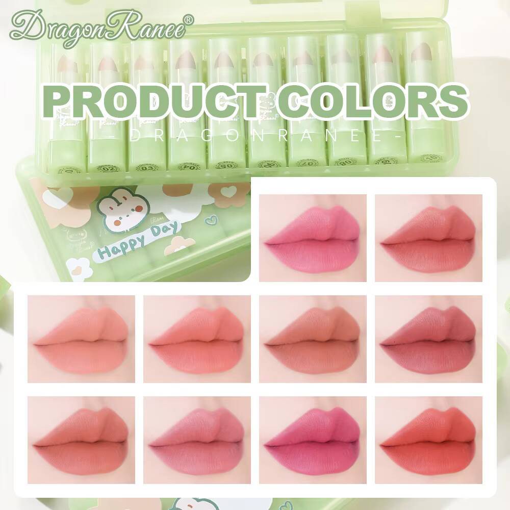 Dragon Ranee10pcs Matte Velvet Green Bunny Translucent Waterproof Sweatproof Non-Stick Lipstick Set happy