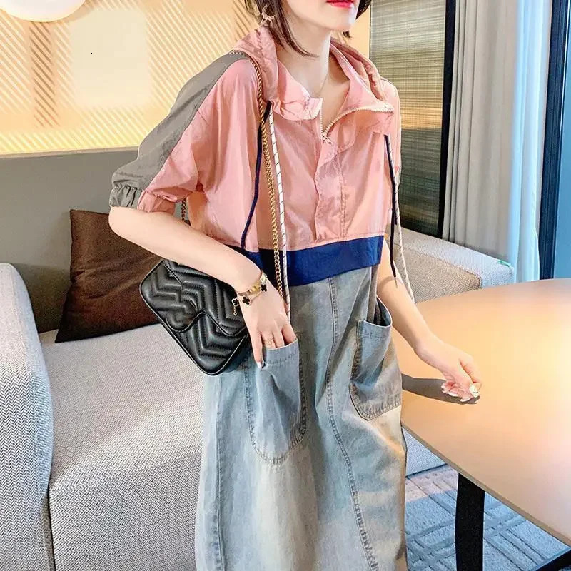 Spliced Hooded Denim Dress For womens Summer Fashion Loose Thin Short sleeved Casual Dress Female 250609