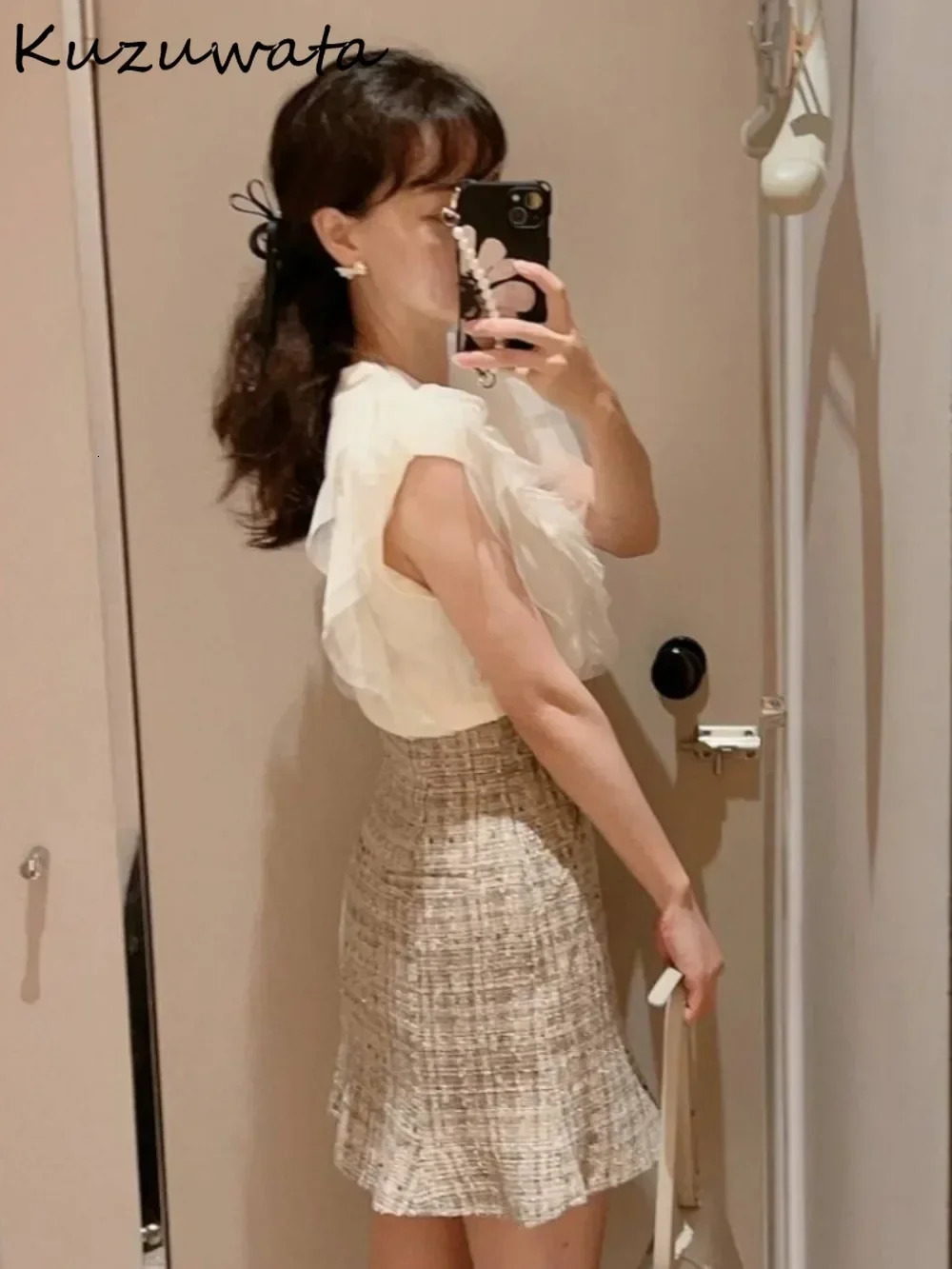 Kuzuwata Sweet V Neck Sleeveless Patchwork Jumper Knit Voile Single Breasted Allmatch Cardigan Japanese Fresh Ruffles Sweaters 250612