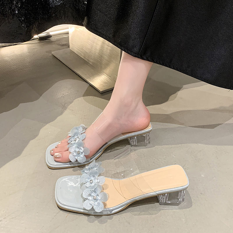 Ddmyoutdoor Summer New Ins Trendy Internet Celebrity Fashion One Strap Transparent Sandals Women High Heels Crystal Chunky Heel Slippers Outdoor Shoes