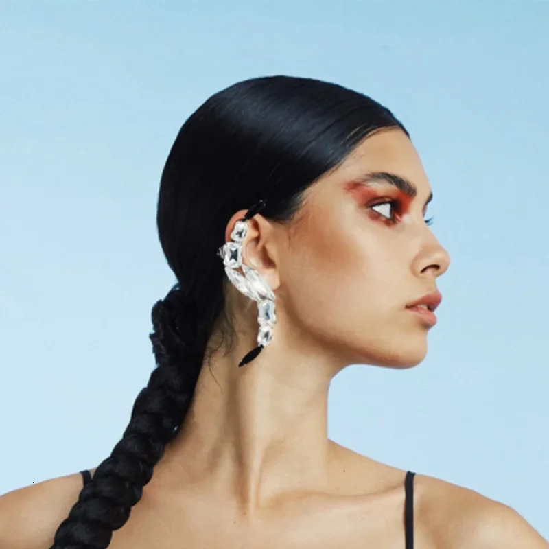 Exaggerated Rhinestone S-shaped Ear Clip Cuff Earrings Wedding Jewelry for Women Crystal Geometric Femme Clip Earrings 250610