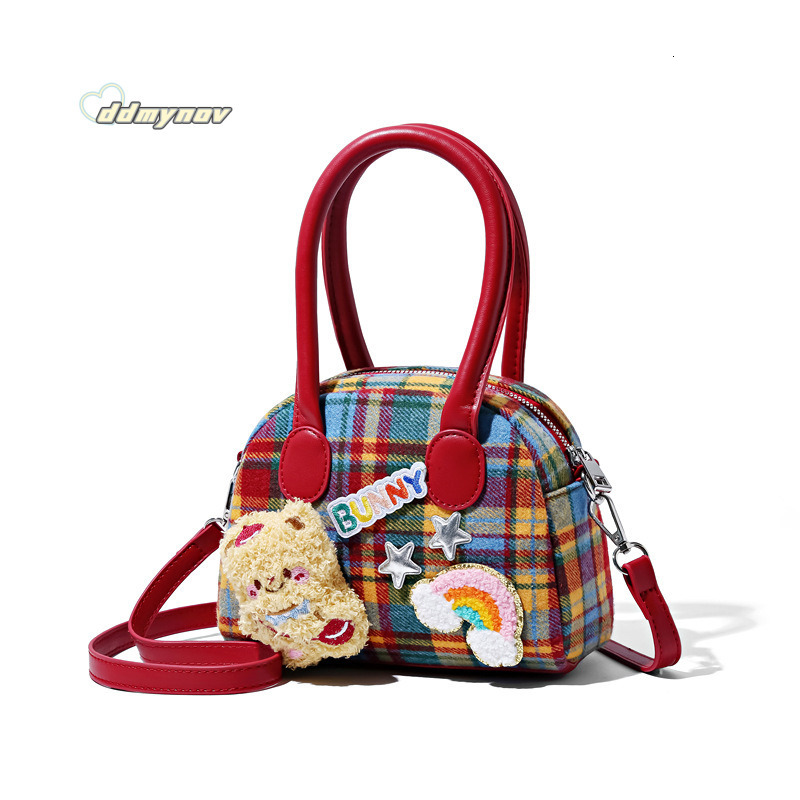 Exquisite Plaid Ins for Women Cute Little Brown Bear Fashion Handbag High Appearance Commuter Coin Purse Crossbody Bag ddmynov