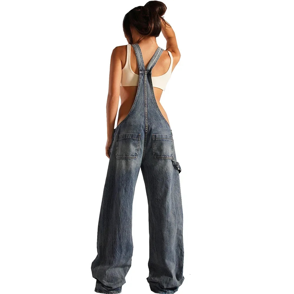 Jumpsuits Women Jeans Overalls Sexy Backless Vintage Full Length Denim Straight Pants Loose Pockets Distressed Washed Casual 250612