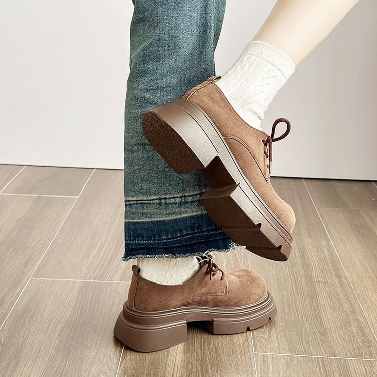 Ddmysports Brown Short Boots For Women Autumn Winter New British Style Versatile Platform Thick Sole Lace Up Chunky Leather Shoes Outdoor Shoes