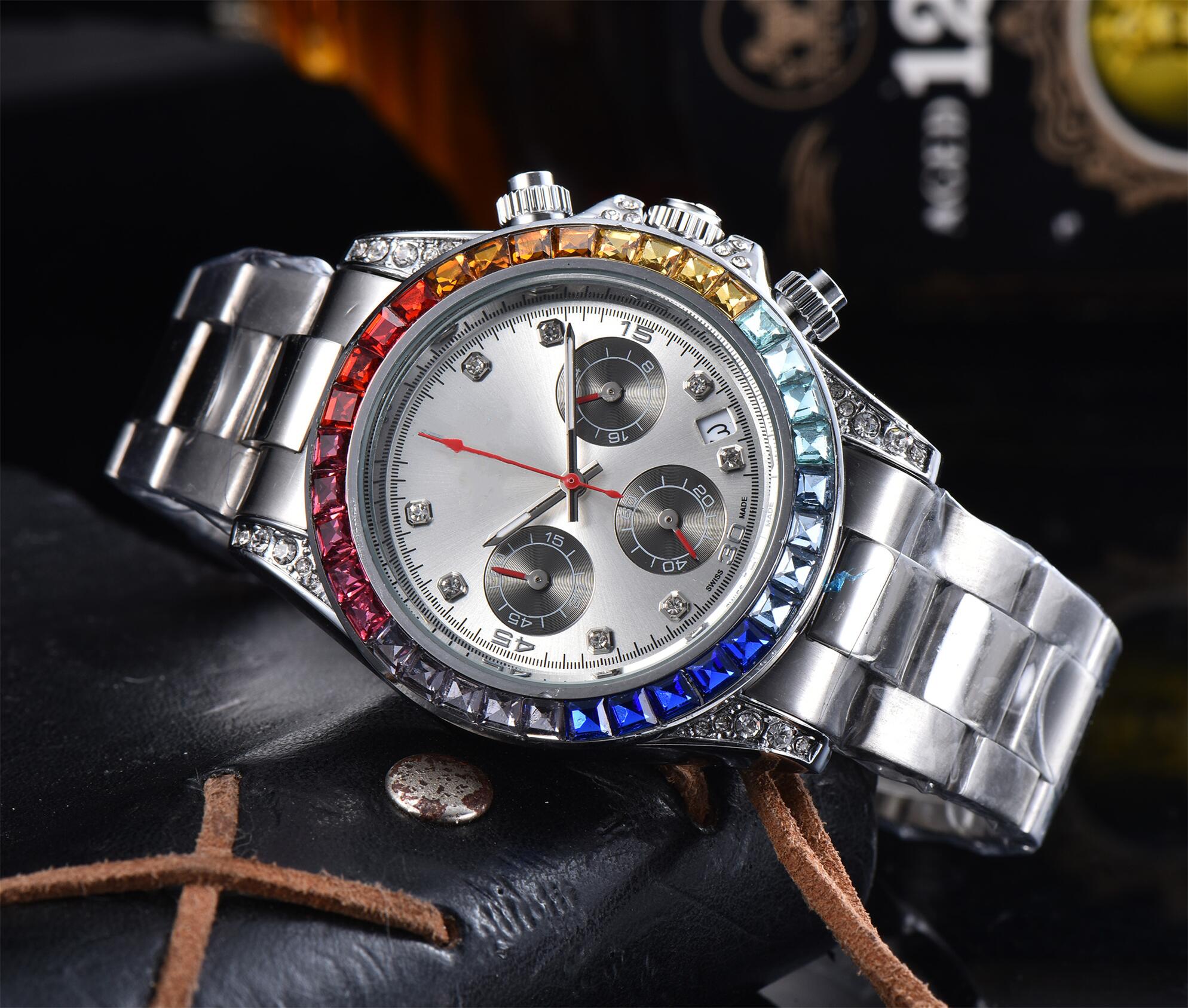 TOP Mens DAY TONA Automatic quartz Diamond encrusted Movement watch multifunction Designers Men Watches Stainless Steel Strap Gold Wristwatches Montre de luxe