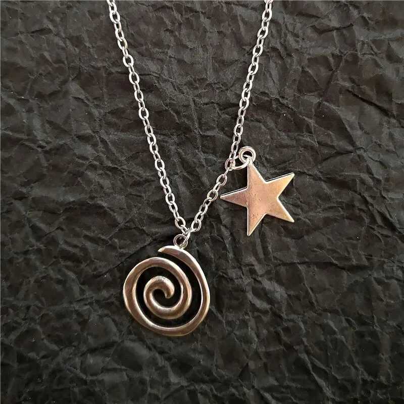 Gothic Vintage Silver Color Spiral Vortex Star Pentagram Pendant Chain Necklace For Women Men Unisex Boho Hip Hop Y2K Jewelry Z250614