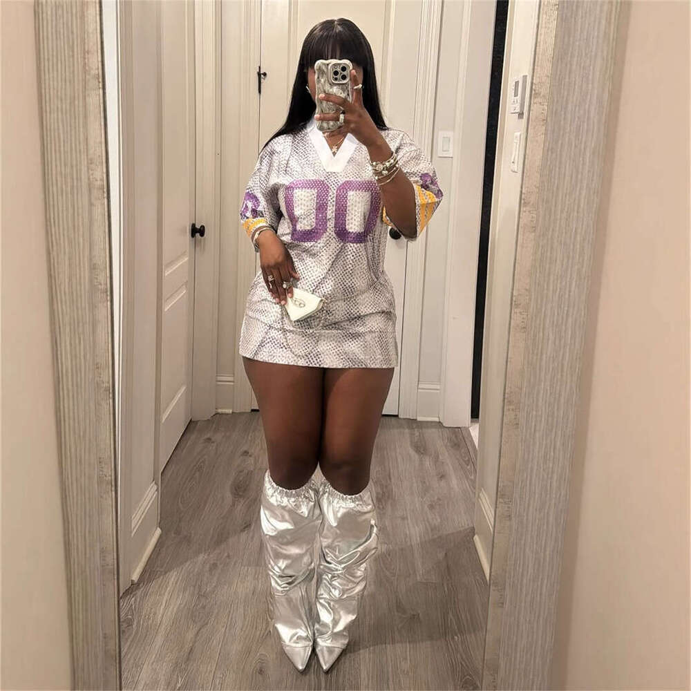 (No Returns Or Exchanges) New V-Neck Printed Sports Jersey Style Loose Casual Dress B5