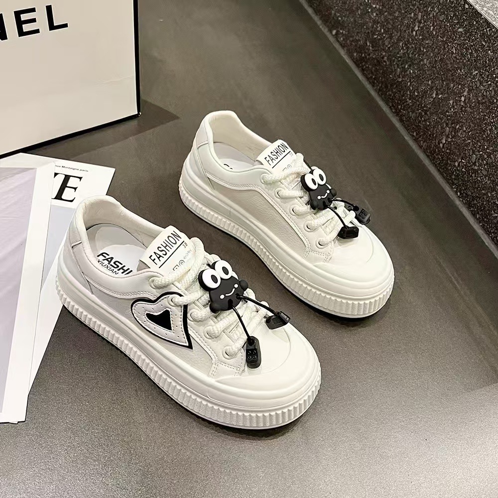 Ddmysports White Sneakers Autumn Korean Style Thick Sole Round Toe Lace Up Fashion Versatile Sports Casual Shoes Outdoor Shoes