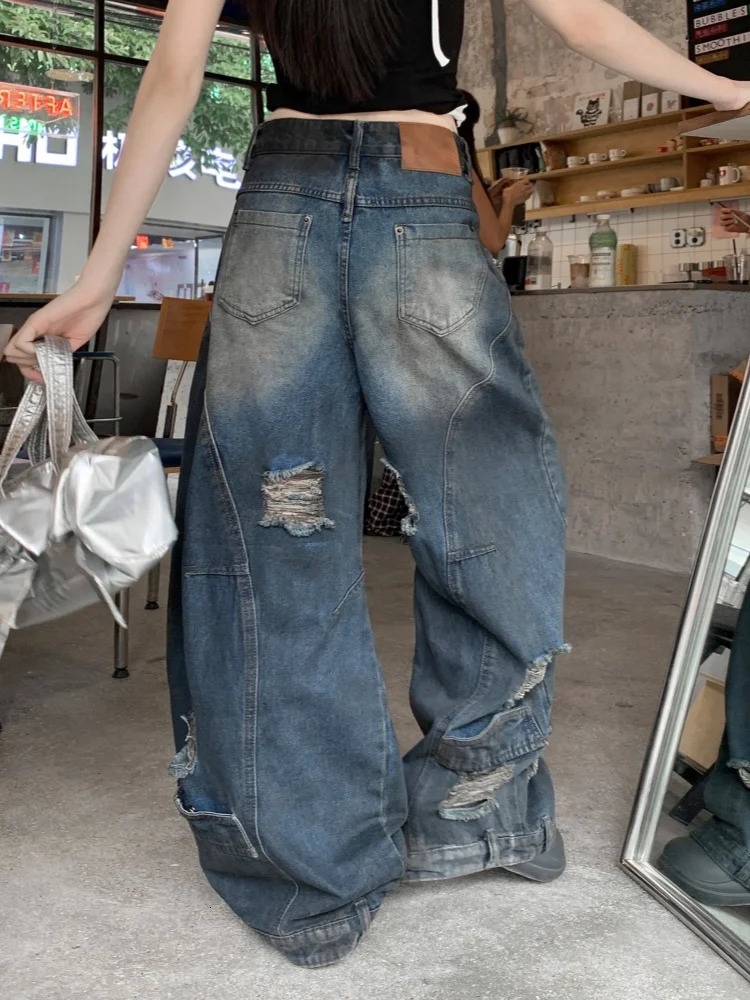 Y2K Clothing Grunge Dirty Washed Blue Old Baggy Stacked Ripped Jeans Pants For Women Wide Leg Punk Lady Denim Trousers 250612