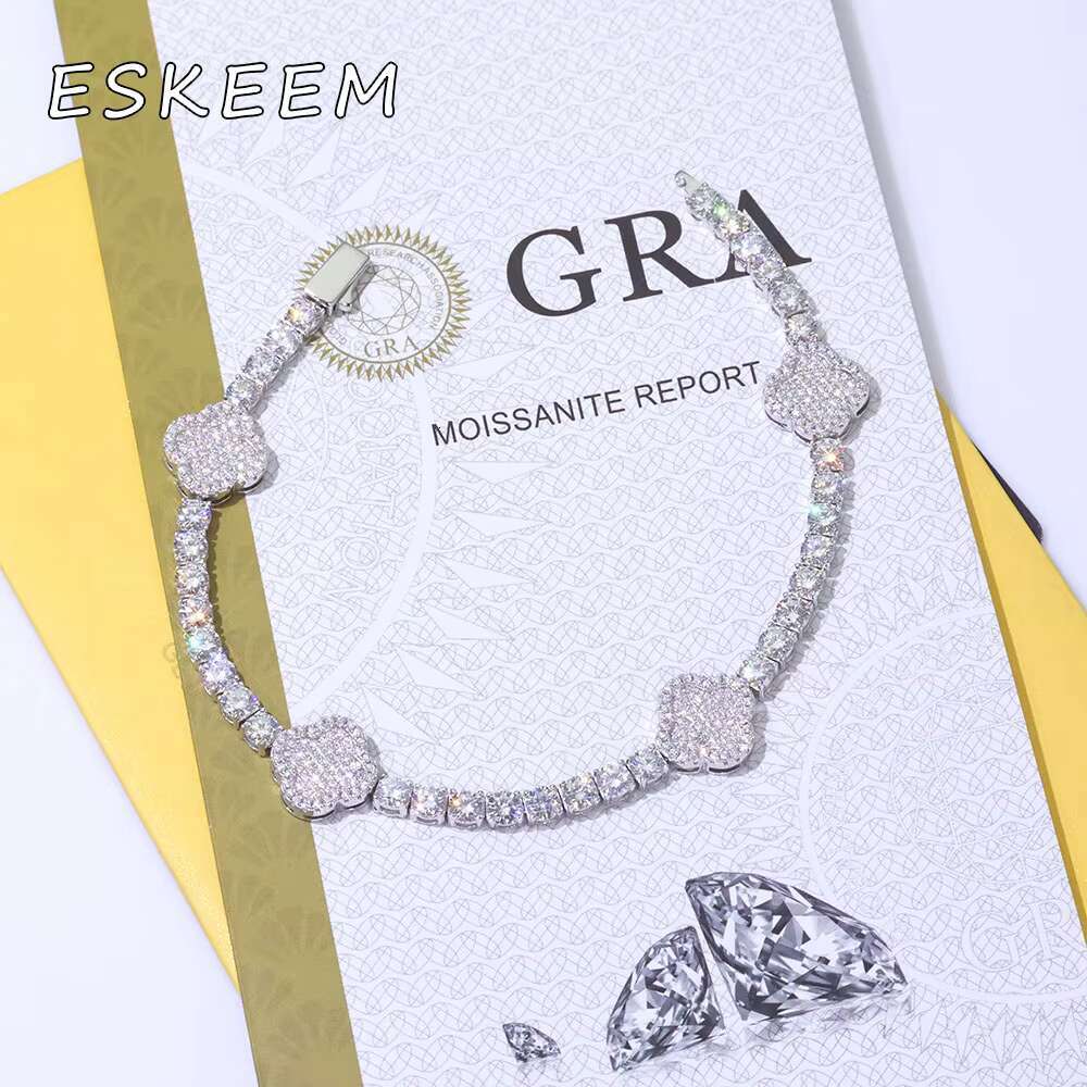 High Quality VVS Moissanite Four Leaf Clover Tennis Bracelet 925 Sterling Silver Gold Plated Iced Out Womens Jewelry