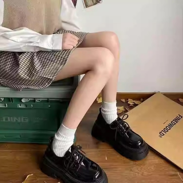 Ddmysports Black Round Toe British Style Thick Sole Women S Leather Spring Autumn French Height Increasing Single Shoes Outdoor Shoes