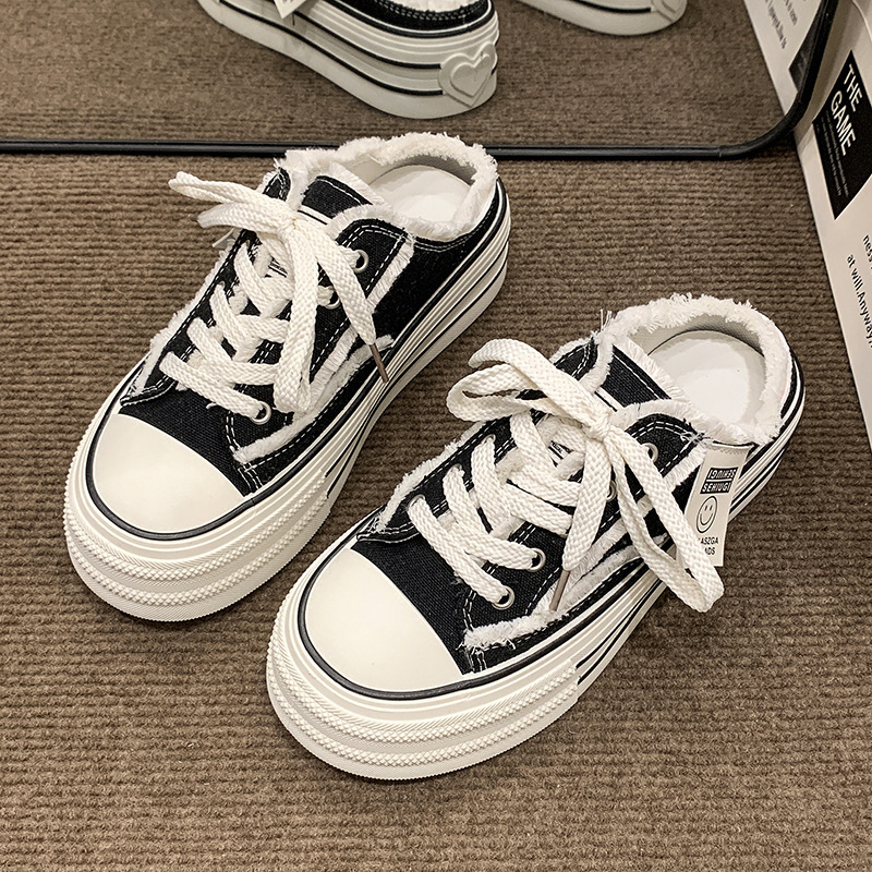 Ddmyoutdoor Baotou Canvas Half Slippers For Women Summer Outdoor New Thick Sole Height Increasing Casual Lace Up Lazy White Sandals Outdoor Shoes