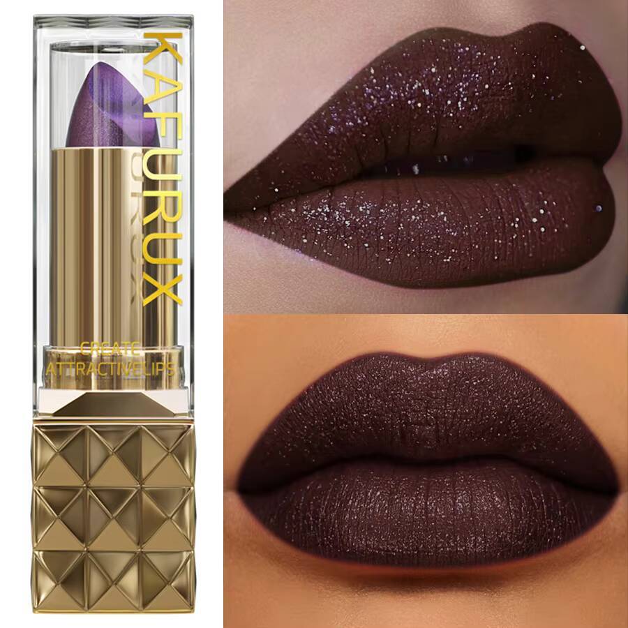 1pc Sexy Glitter Shiny Red Lipstick Pearlescent Tint, Long Lasting Senior Matte Lip Makeup Gifts for Women Metallic lip happy